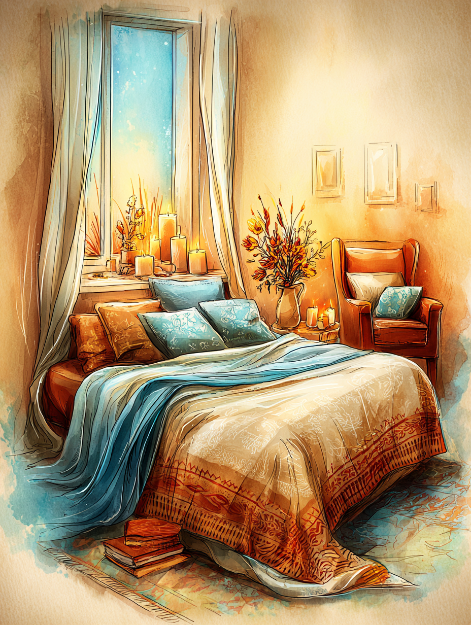 A softly lit bedroom with candles prepared for an afterlife doula visit