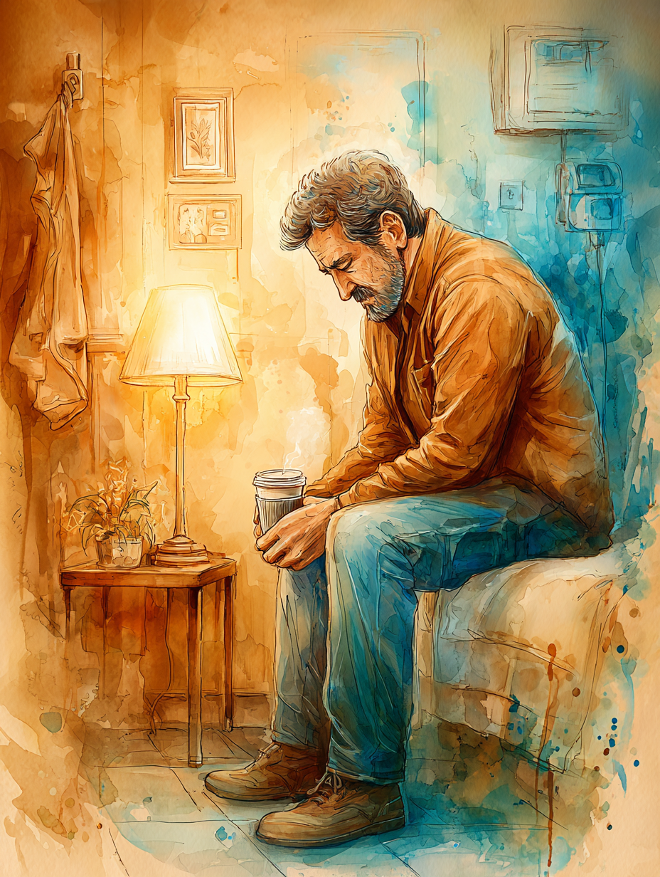 A middle-aged man sitting alone with grief — a family ready to call an afterlife doula