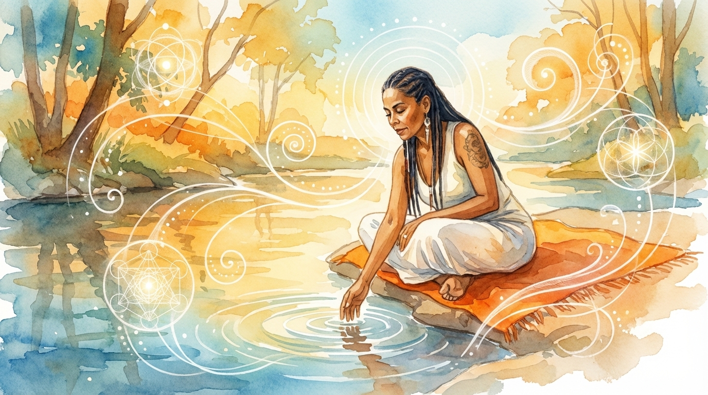 A watercolor scene of healing presence beside still water