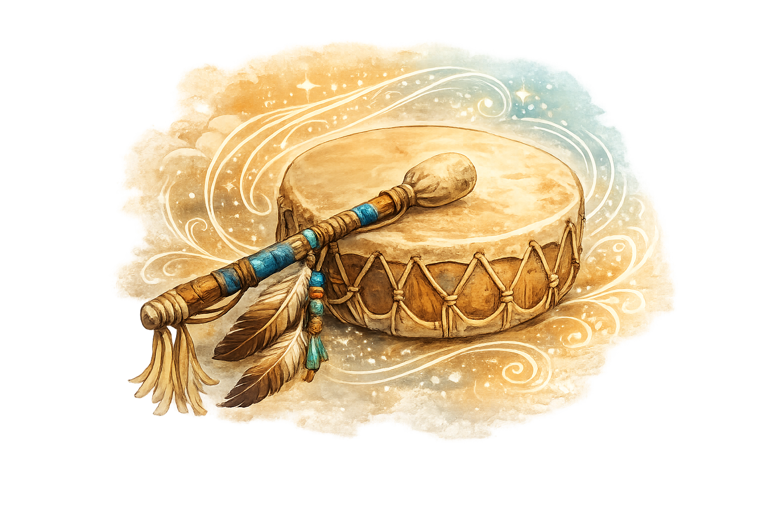 Ceremonial drum with feathers and beaded mallet