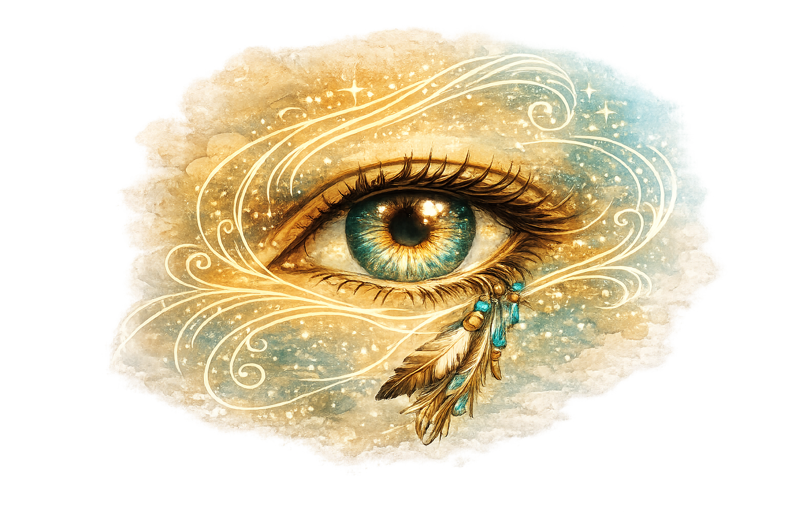 Mystical eye with golden swirls and feather adornments
