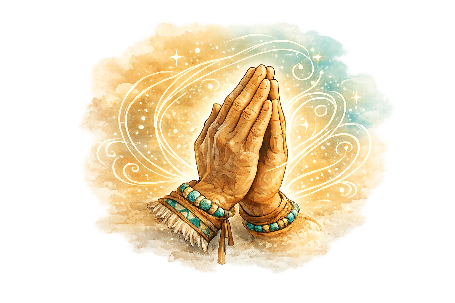 Praying hands with sacred jewelry and golden light
