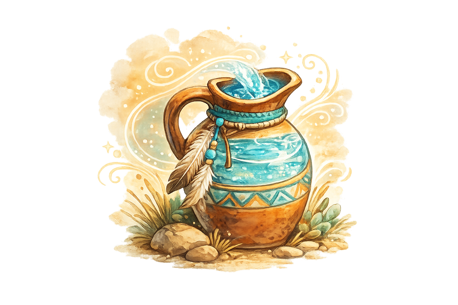 Sacred water vessel with feathers and turquoise beads