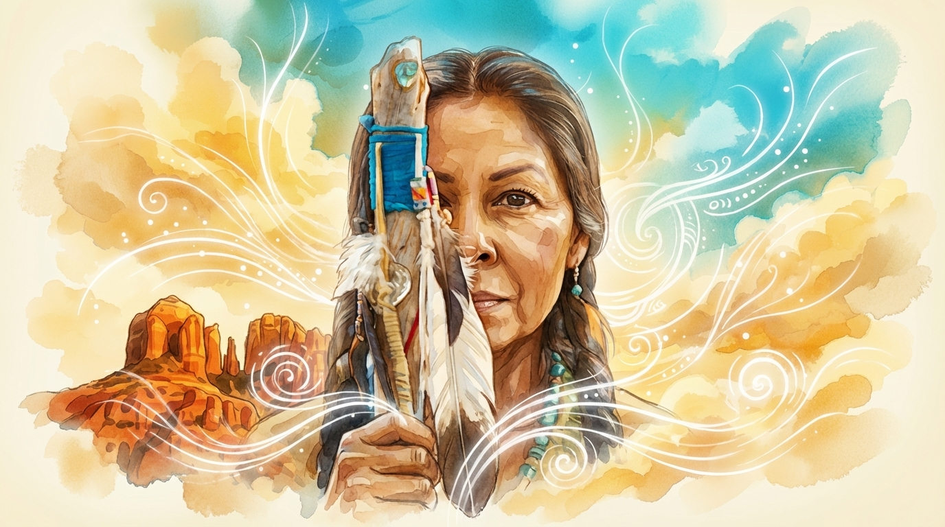Gentle Thunder, Medicine Woman in Sedona, watercolor portrait