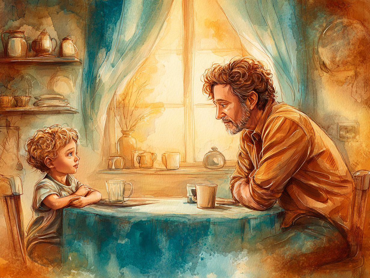 A father and child at home feeling lighter and more connected after a house clearing