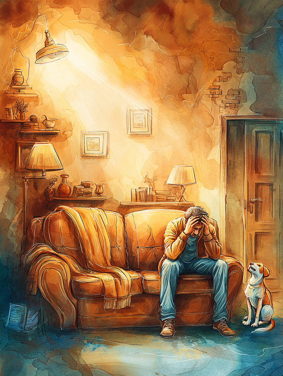 A man sitting in his home sensing heavy energy that needs clearing