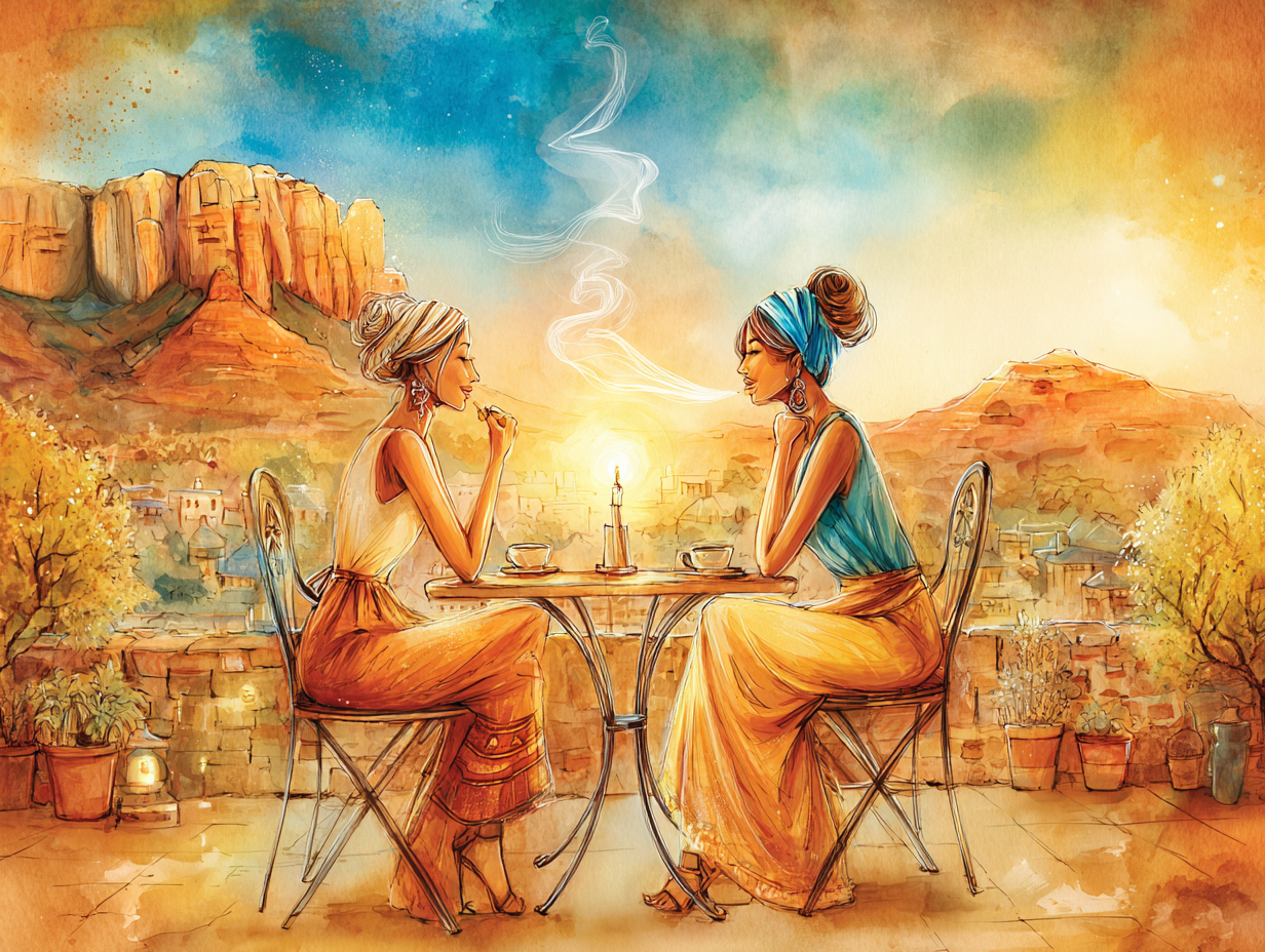 Two women in quiet conversation at a table overlooking Sedona's red rock landscape