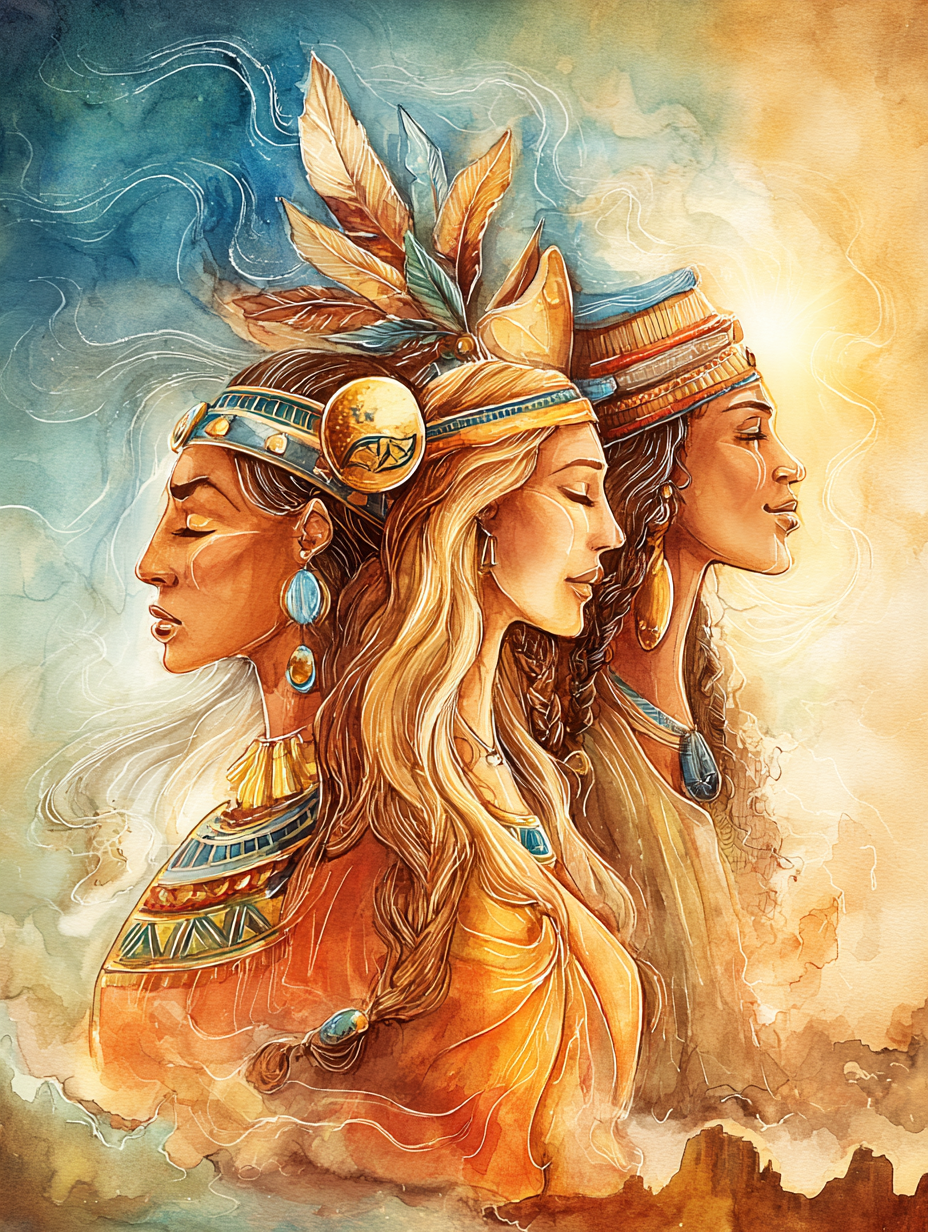 Three translucent feminine figures from different eras, overlapping in soft warm light