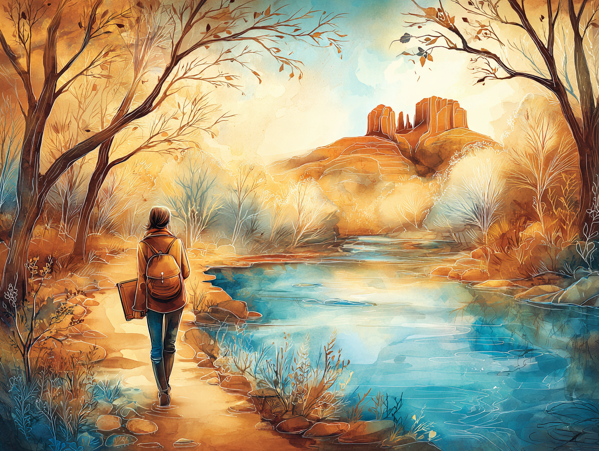 A figure walking the Oak Creek trail toward Cathedral Rock at dusk