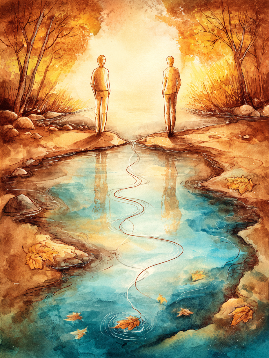 Two figures standing apart beside a teal creek, connected by a luminous thread