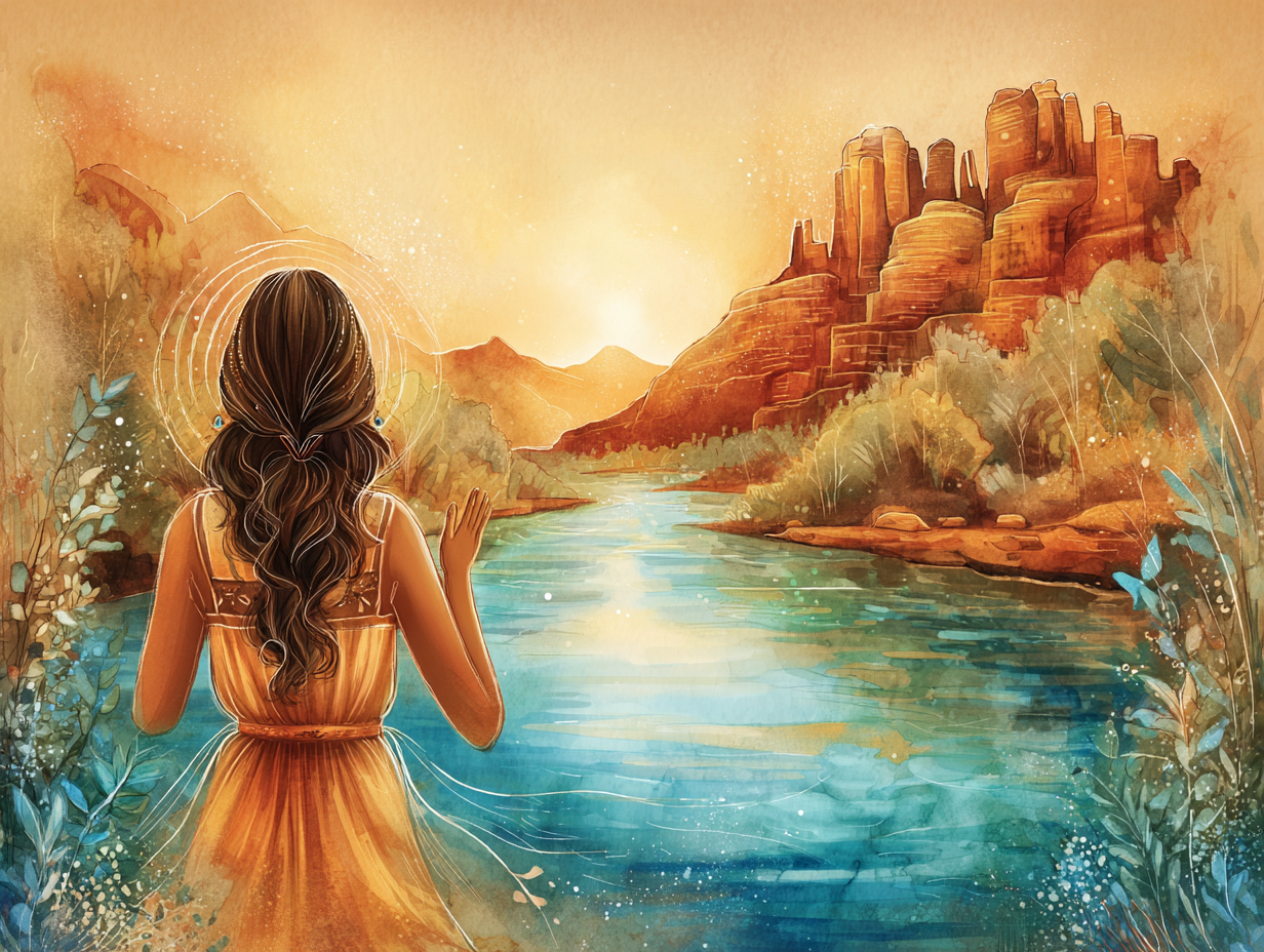 A woman standing at the edge of Oak Creek at dusk, facing Cathedral Rock in warm golden light