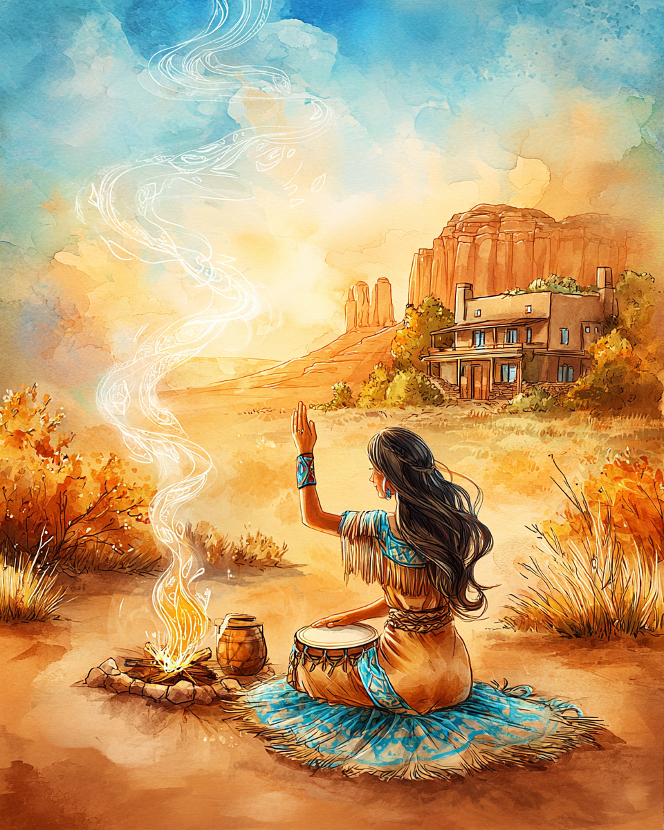 Gentle Thunder leading a land clearing ceremony with drum and fire outside a Sedona home