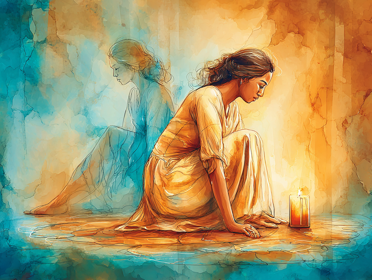 A woman seated in quiet ceremony space beside a candle, a translucent spirit form behind her