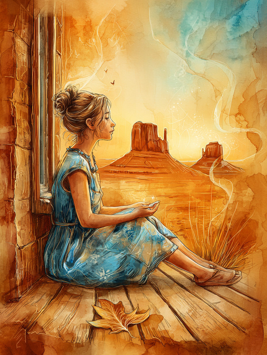 A woman sitting alone on a weathered porch step, gazing at a Monument Valley-like red rock vista