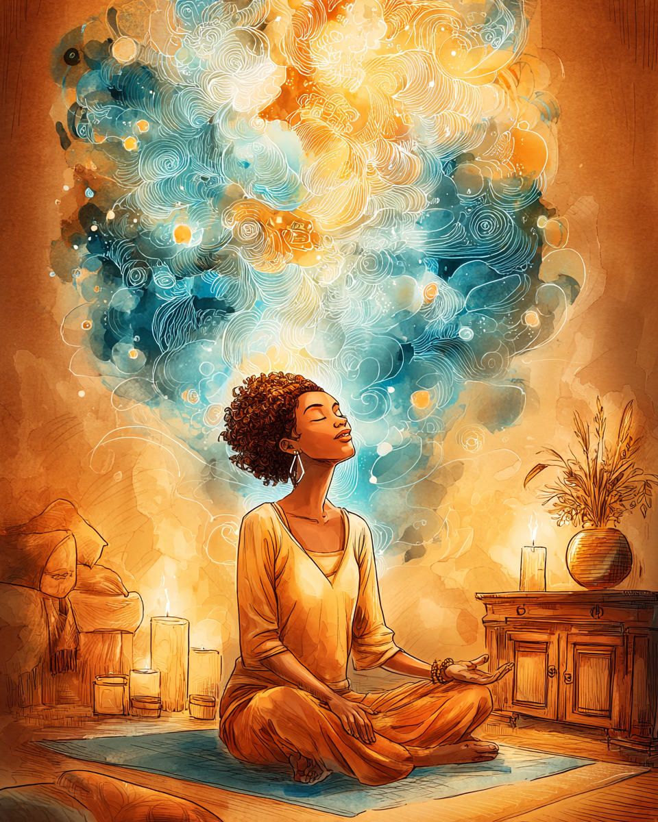 A woman in seated meditation with eyes closed, luminous energy rising above her in a ceremonial indoor space