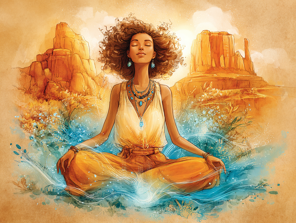 A seated woman in meditation, surrounded by Sedona red rock formations, energy flowing around her