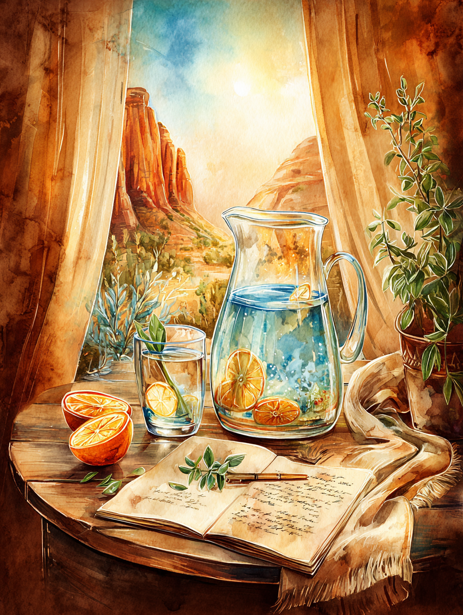 A wooden side table with a journal, water pitcher, and citrus in soft morning light, Sedona outside the window