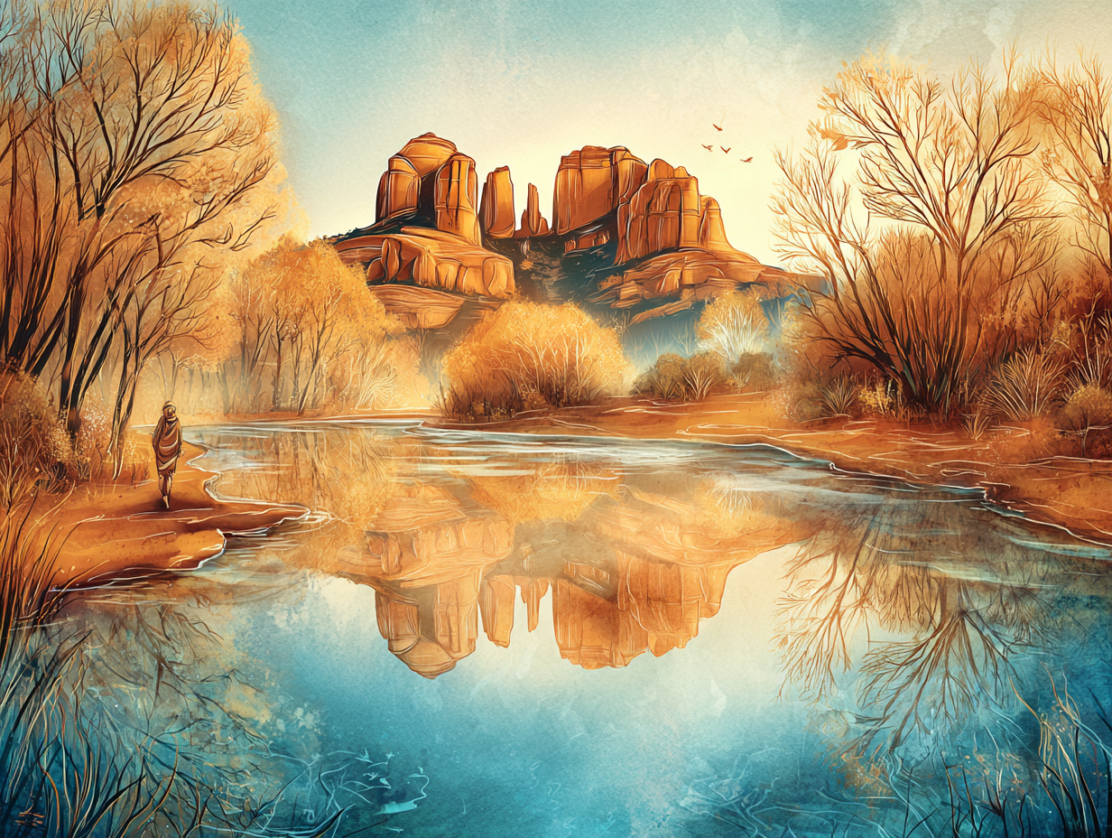 Red Rock Crossing at early morning, Cathedral Rock reflected in Oak Creek, a robed figure standing at the water's edge