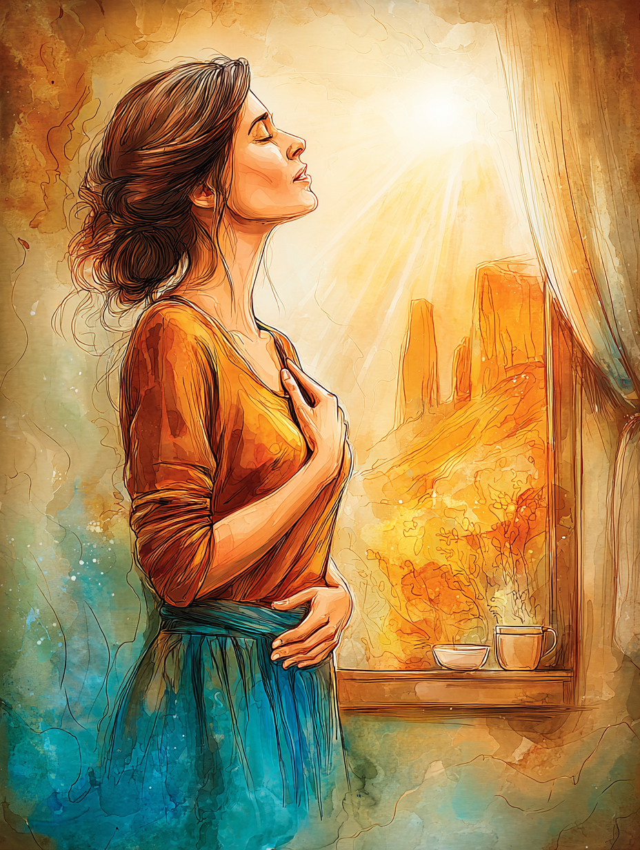 A woman standing at a window at early morning light, hands on her heart, red rock visible outside
