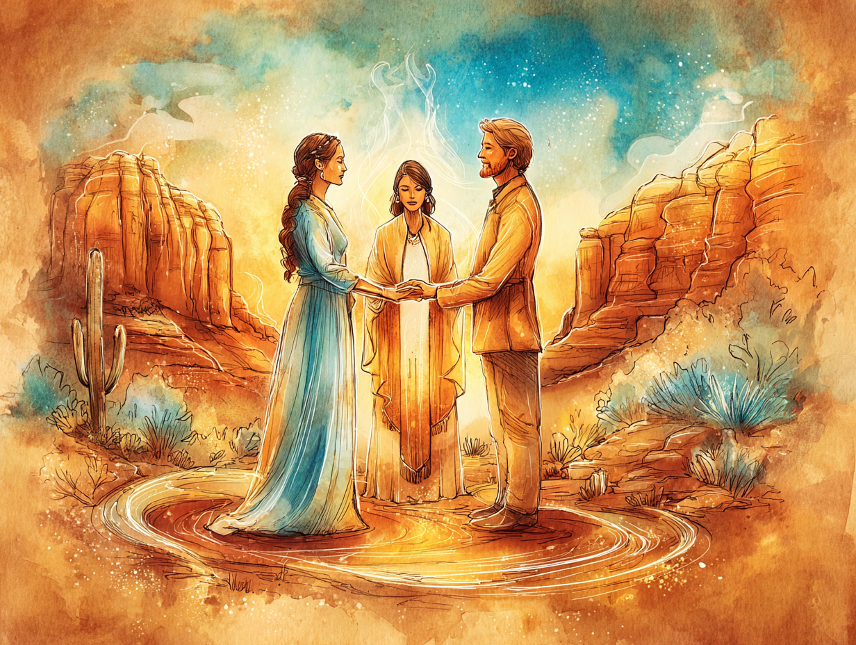 Gentle Thunder officiating a wedding ceremony among Sedona red rocks