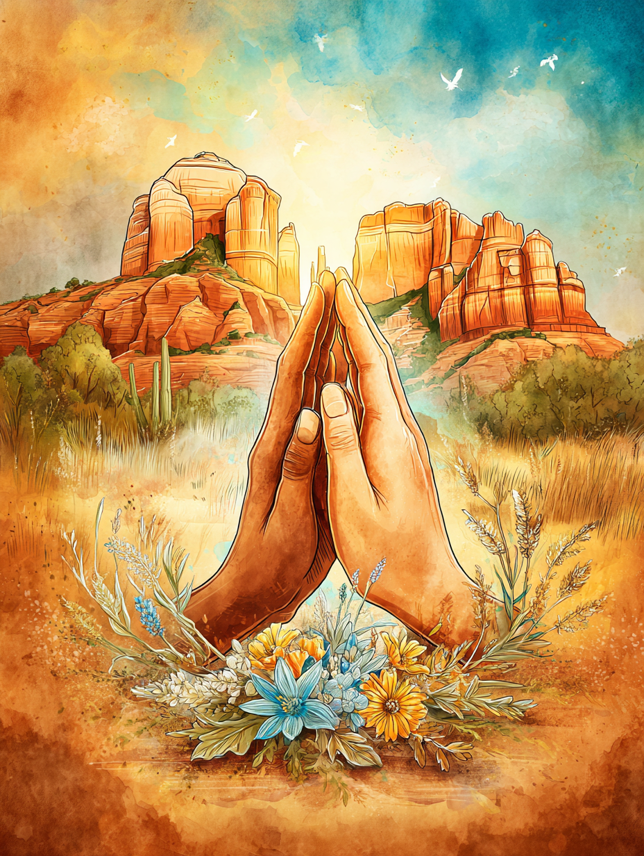 Praying hands with wildflowers before Sedona red rocks — blessing ceremony