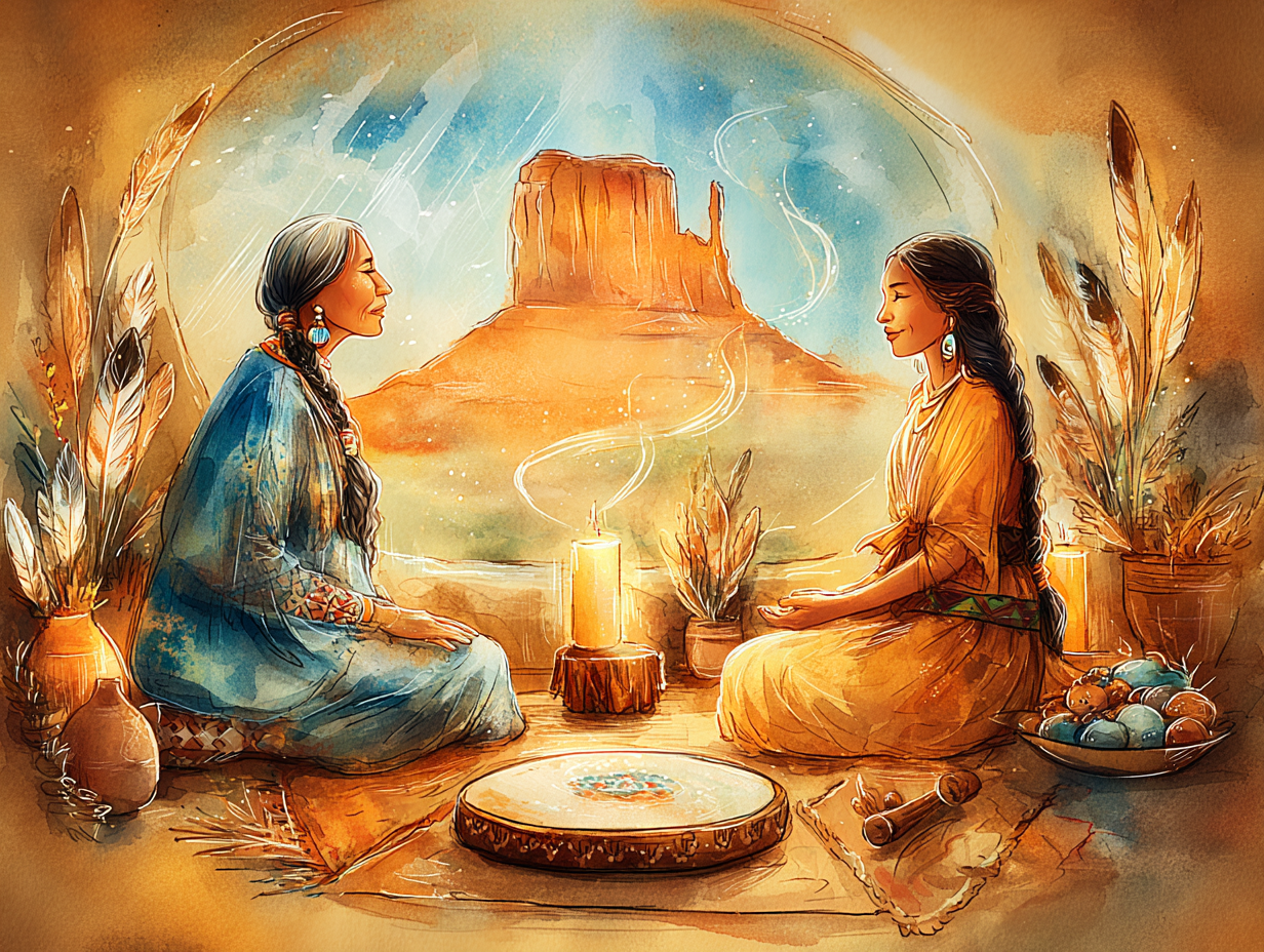 An elder medicine woman and a younger apprentice seated facing each other in ceremony, a medicine drum between them, red rock butte behind