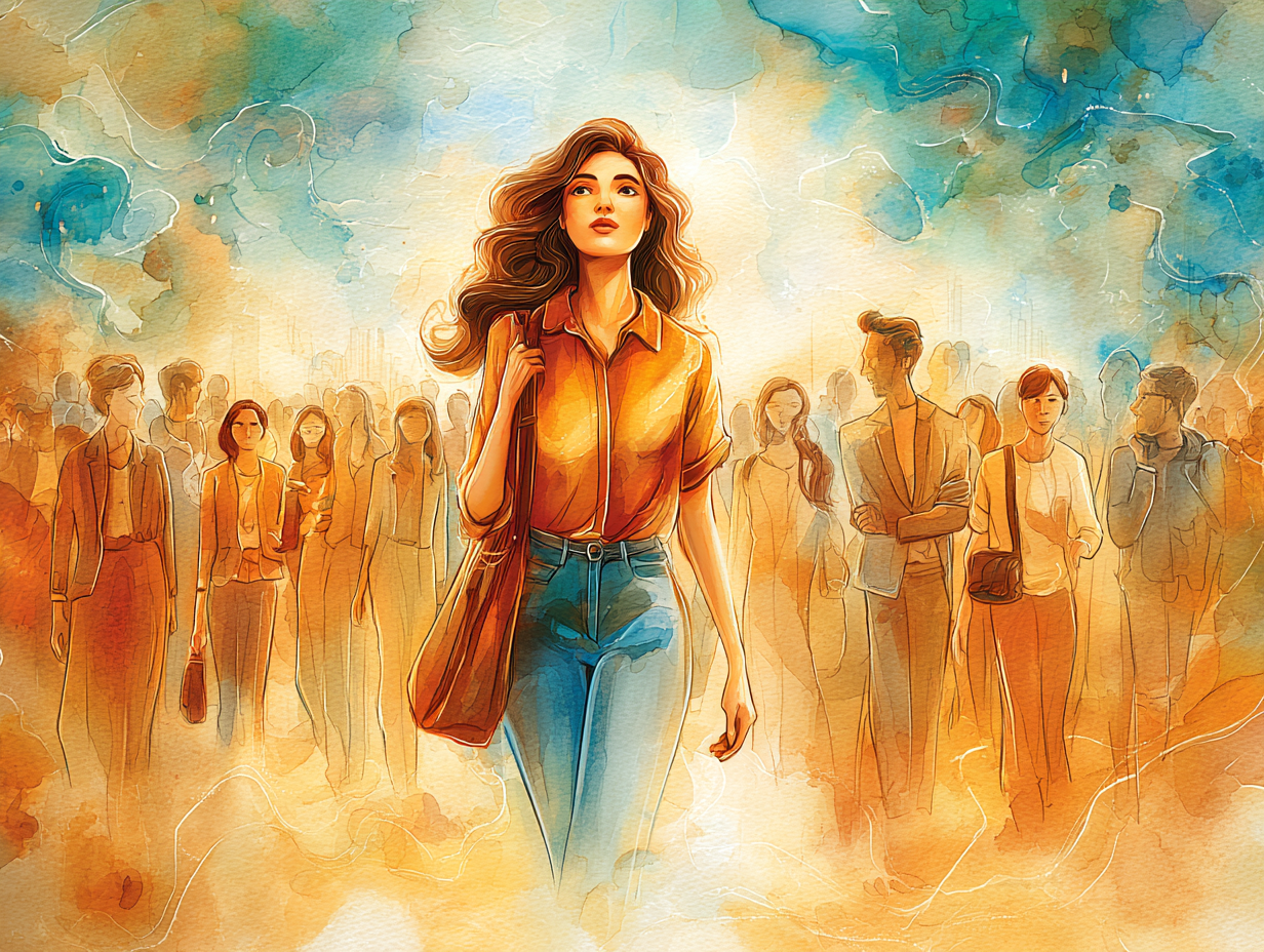 A woman walking confidently through a soft impressionistic crowd, radiating warm light while others remain in shadow