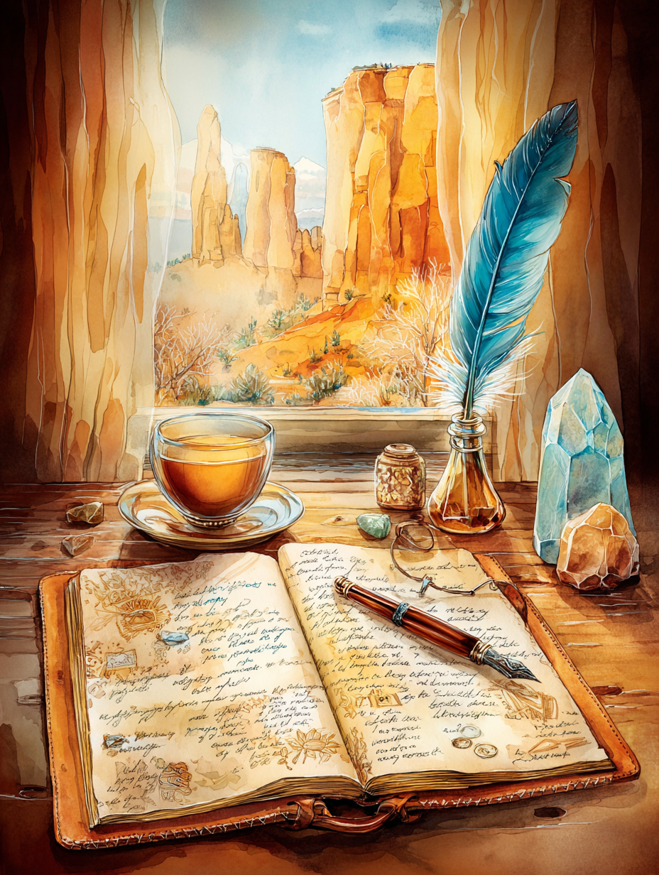 A wooden writing desk with an open journal, quill pen, crystal, and tea cup, Sedona canyon visible through the window