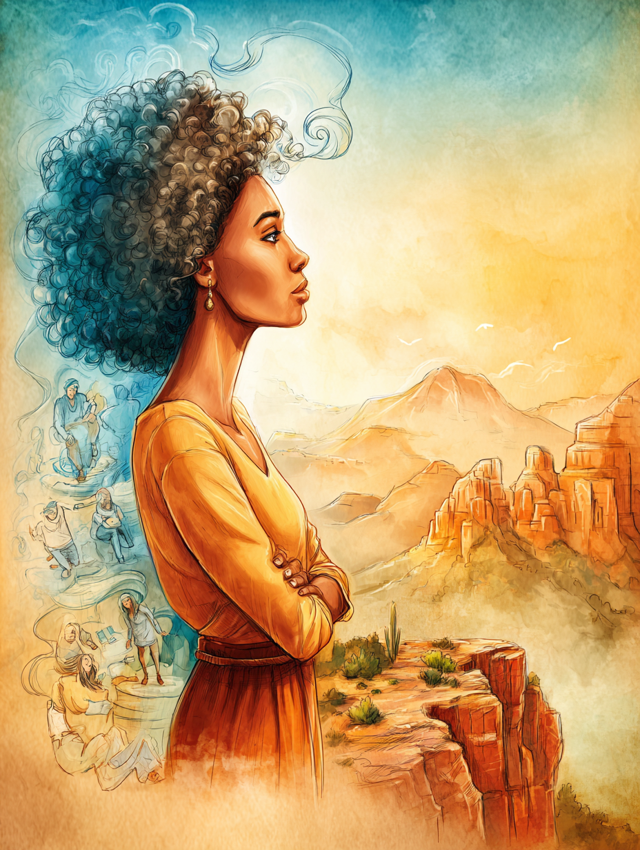 A young woman standing alone at the edge of a Sedona canyon overlook, ghostly visions of people she knows swirling behind her