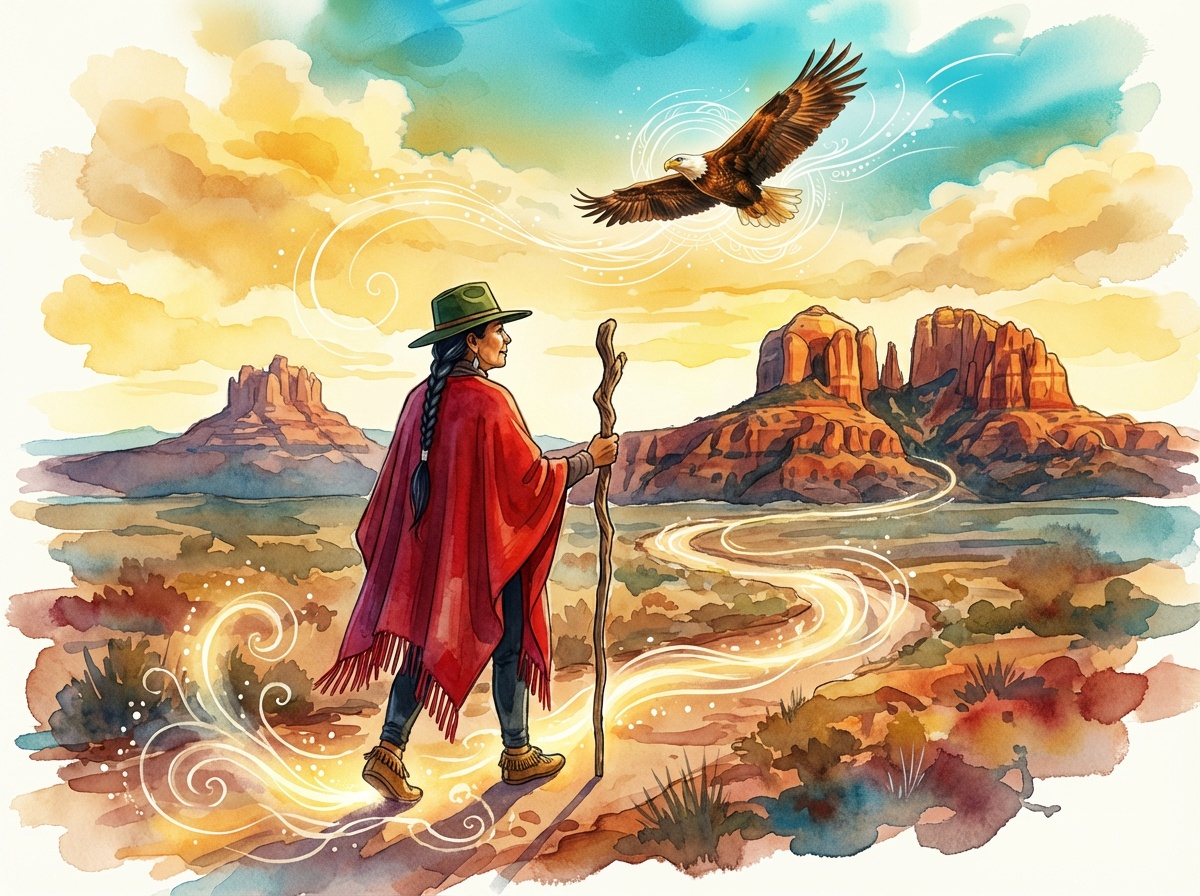 Gentle Thunder walking the path through Sedona high desert, watercolor