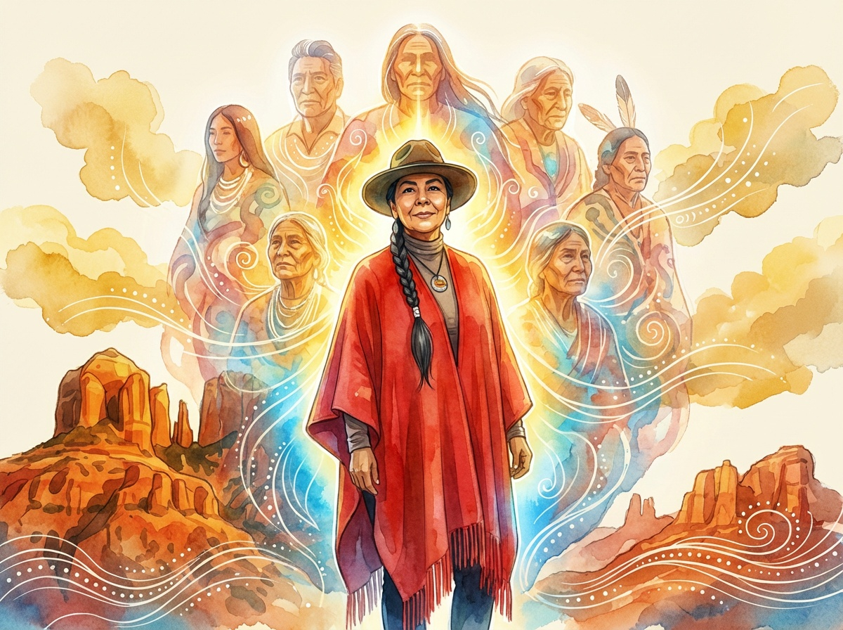 Spirits stepping through Gentle Thunder, ancestral channeling in Sedona, watercolor