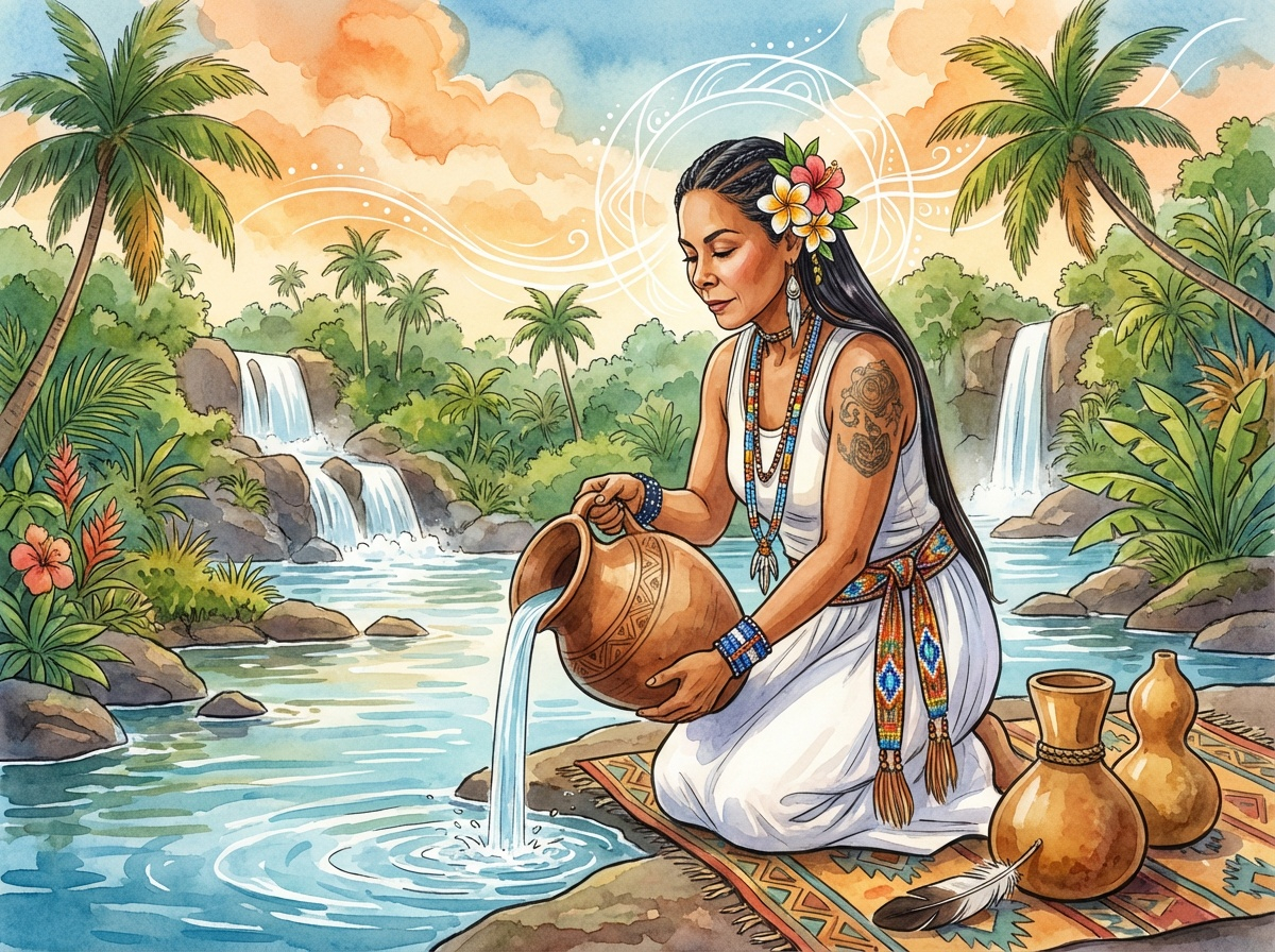 Sacred water carrier ceremony in Maui, watercolor