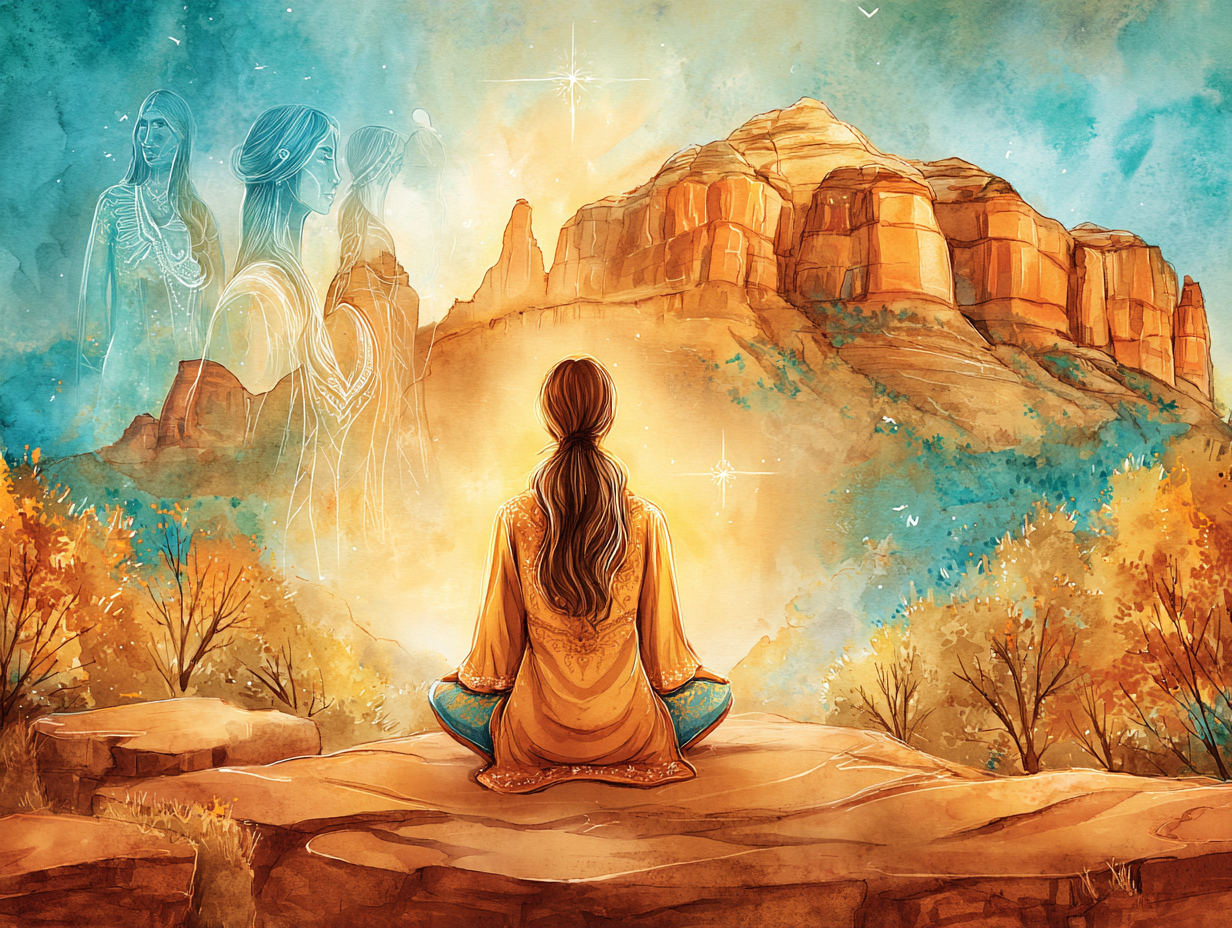 A figure seated cross-legged on a Sedona ledge, three luminous spirit guides appearing beside the red rock formations