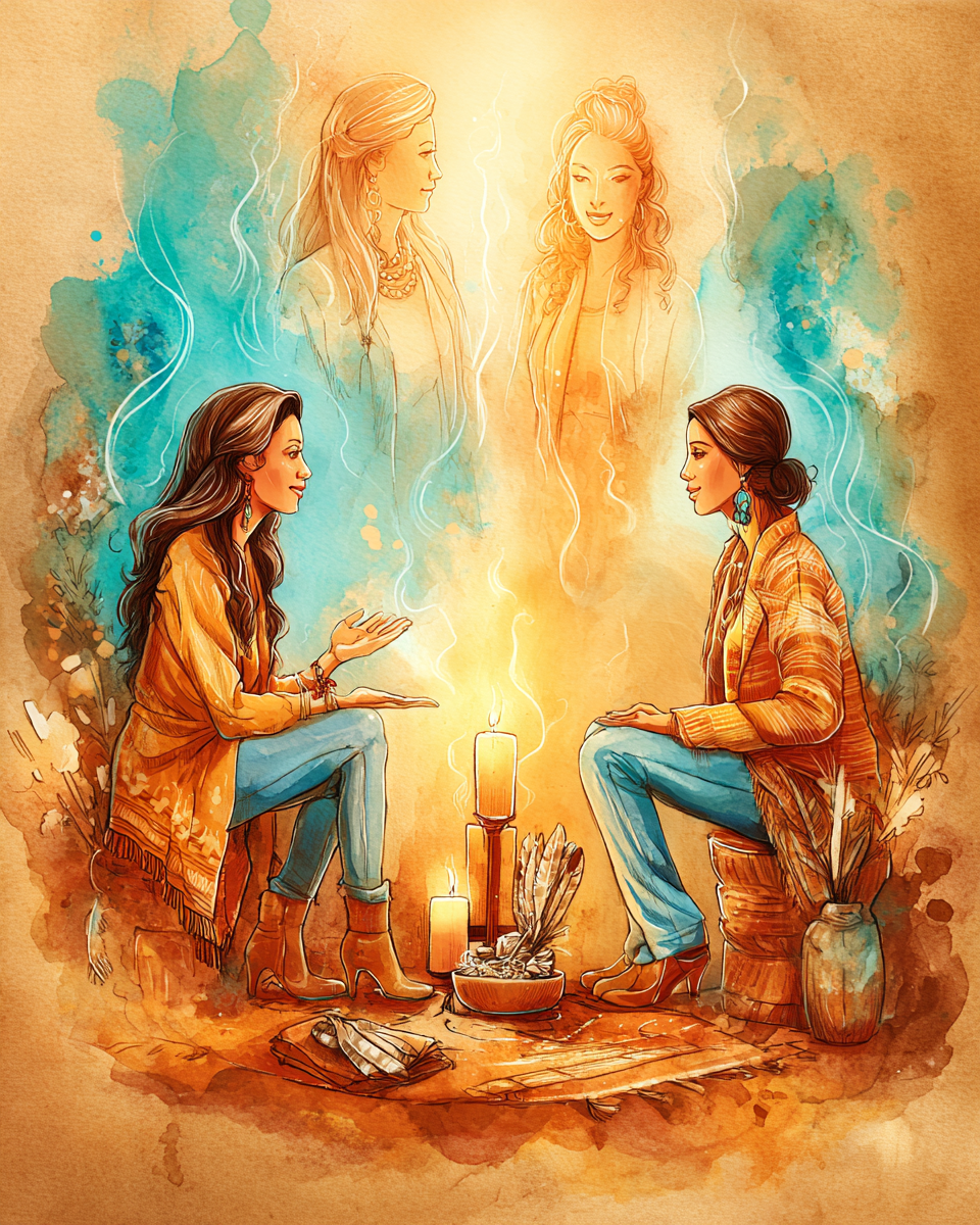 Two women seated facing each other in ceremony, spirit guides appearing above them in golden-teal light