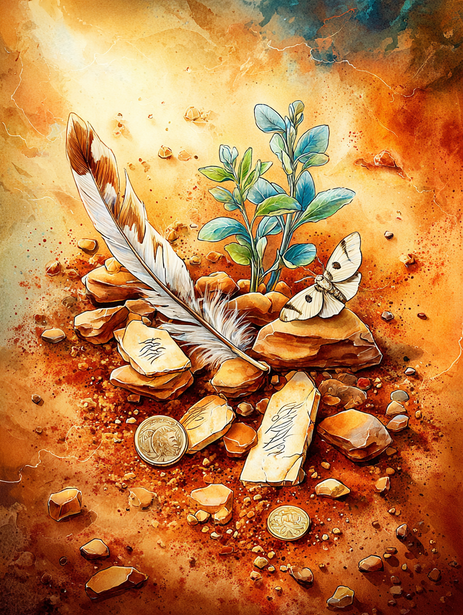 Scattered signs on warm red desert earth — a feather, coins, stones with markings, and a blue-leafed plant